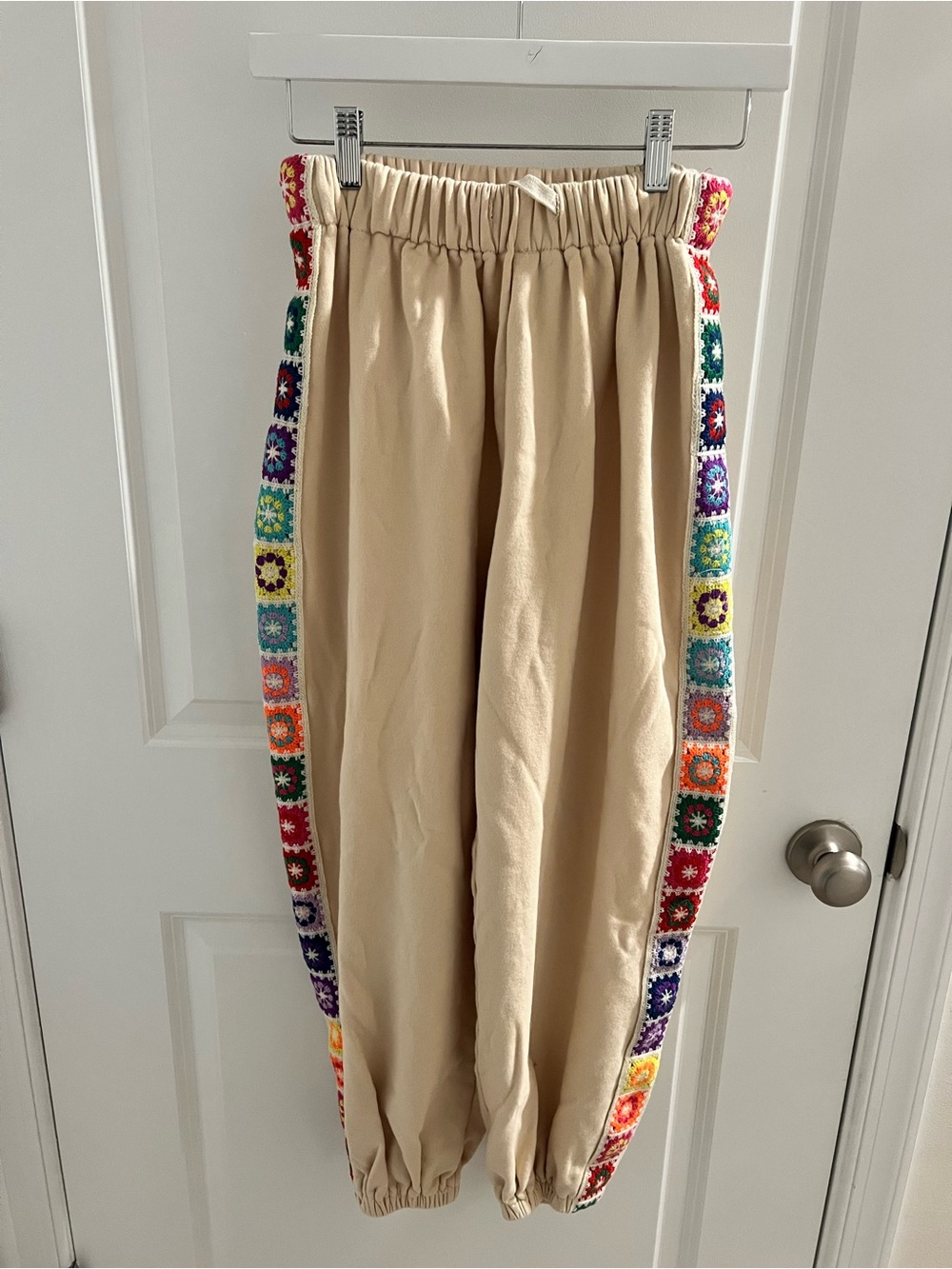 POL Beige Sweatpants with Multicolor Crochet Side Panels
